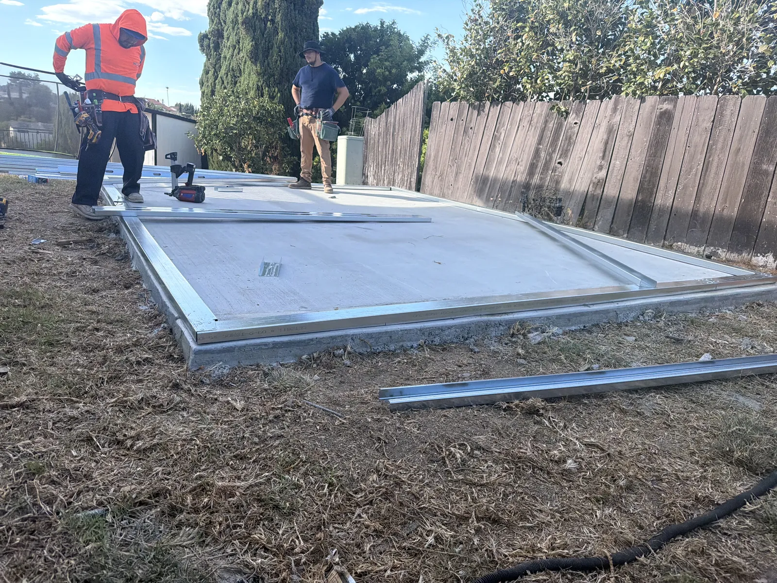 Steel framing installation at a commercial construction site
